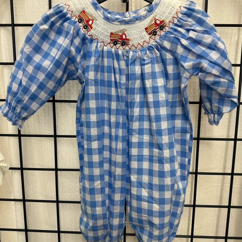 Blue Checkered Kids One Piece Smocked Firetrucks